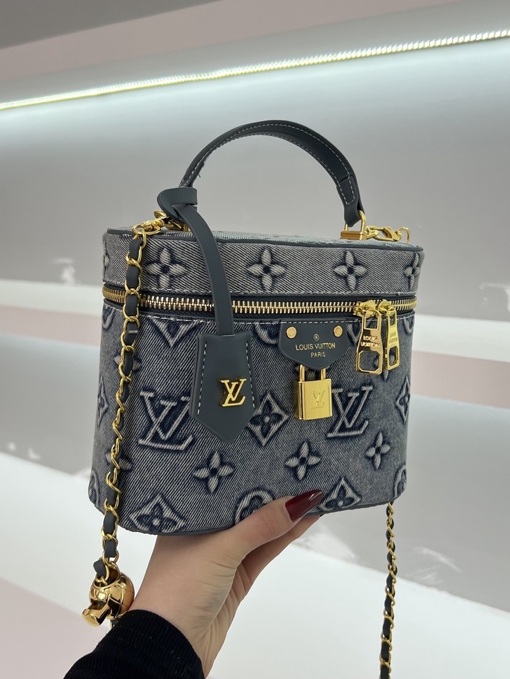 Denim Blue Mini Vanity Bag with Gold Hardware